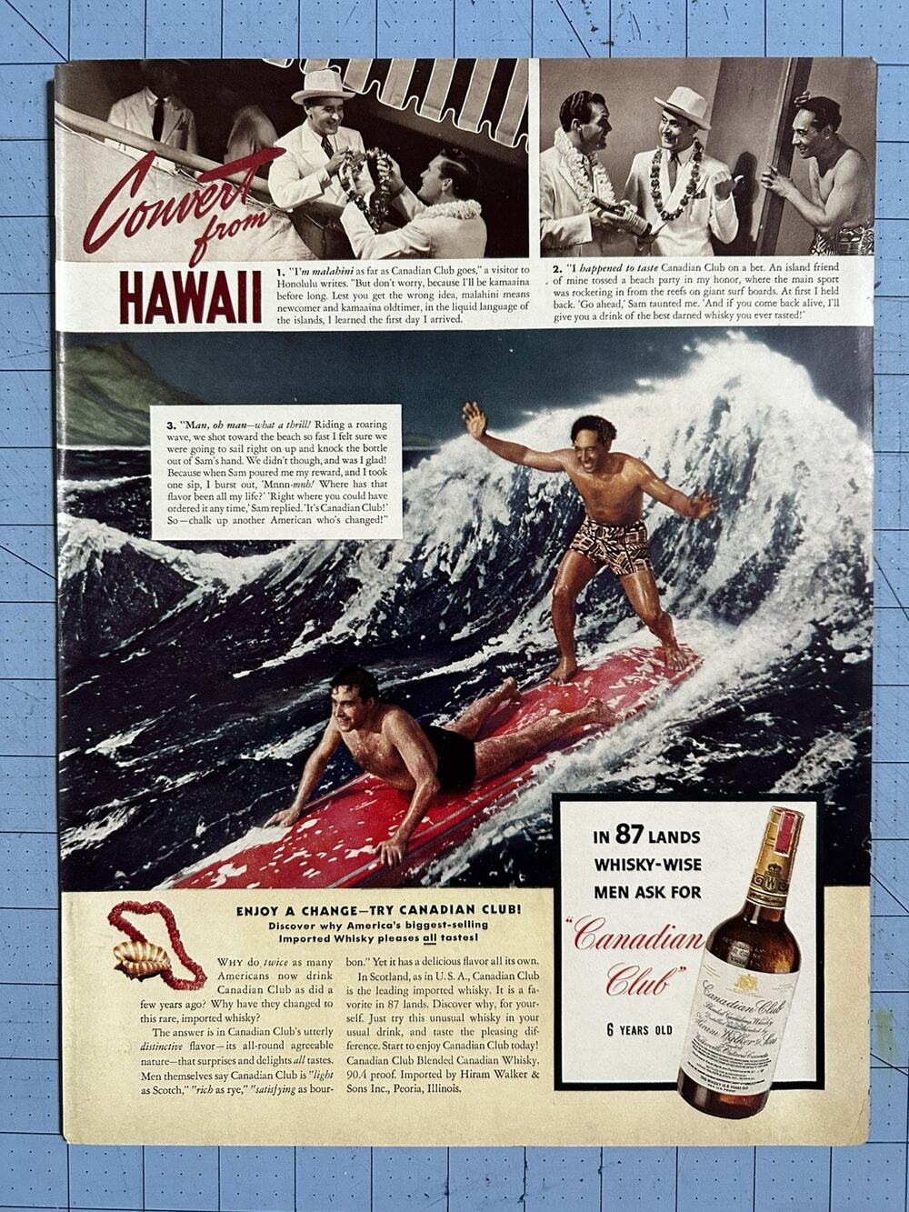 1940 Canadian Club Whisky Longboard Surfing in Hawaii big wave Vintage Print Ad
